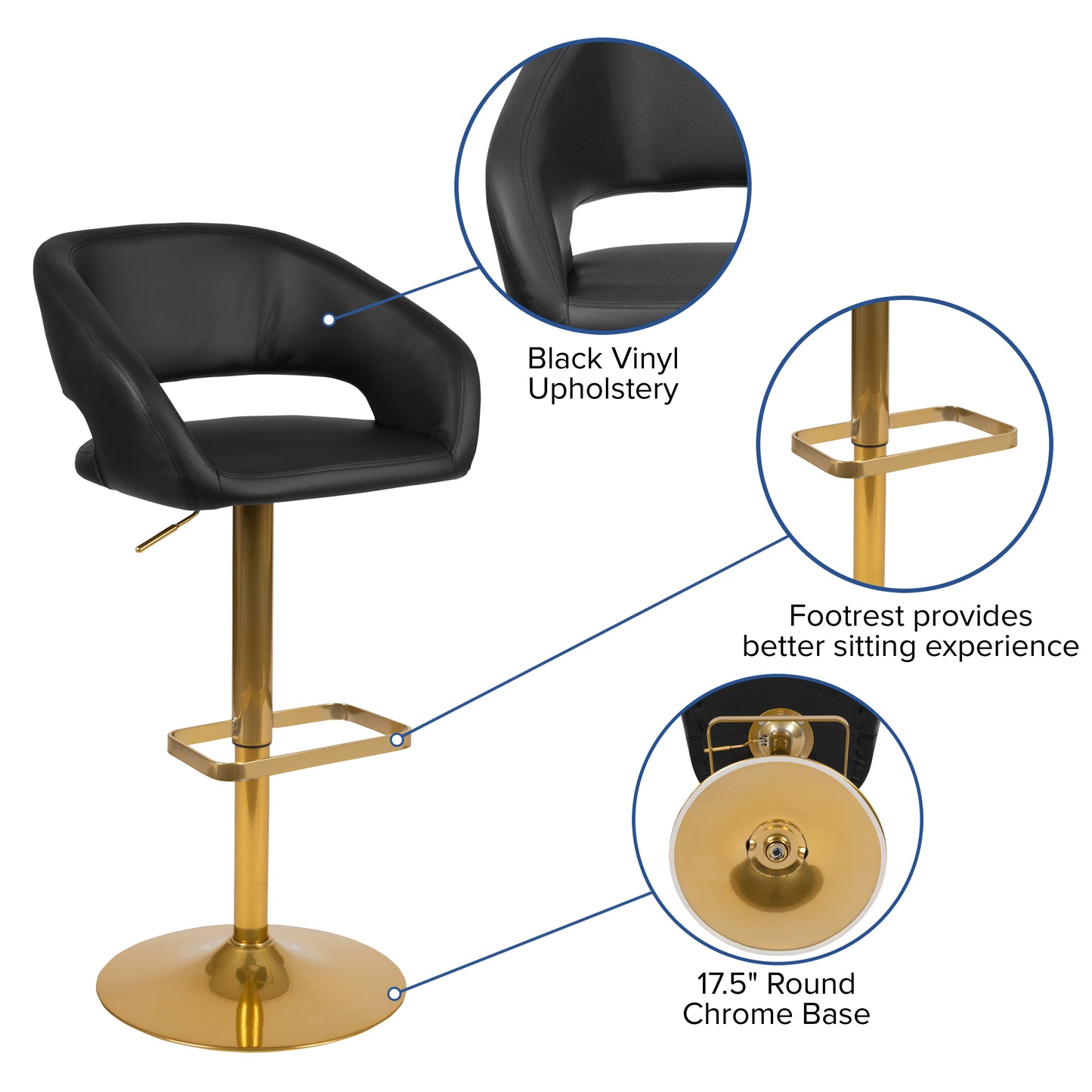 Erik Contemporary Black Vinyl Adjustable Height Barstool with Rounded Mid-Back and Gold Base
