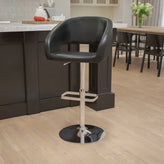 Erik Contemporary Black Vinyl Adjustable Height Barstool with Rounded Mid-Back and Chrome Base