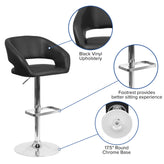 Erik Contemporary Black Vinyl Adjustable Height Barstool with Rounded Mid-Back and Chrome Base