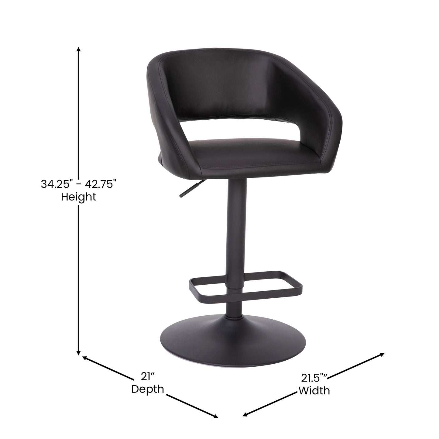 Erik Contemporary Black Vinyl Adjustable Height Barstool with Rounded Mid-Back and Black Base