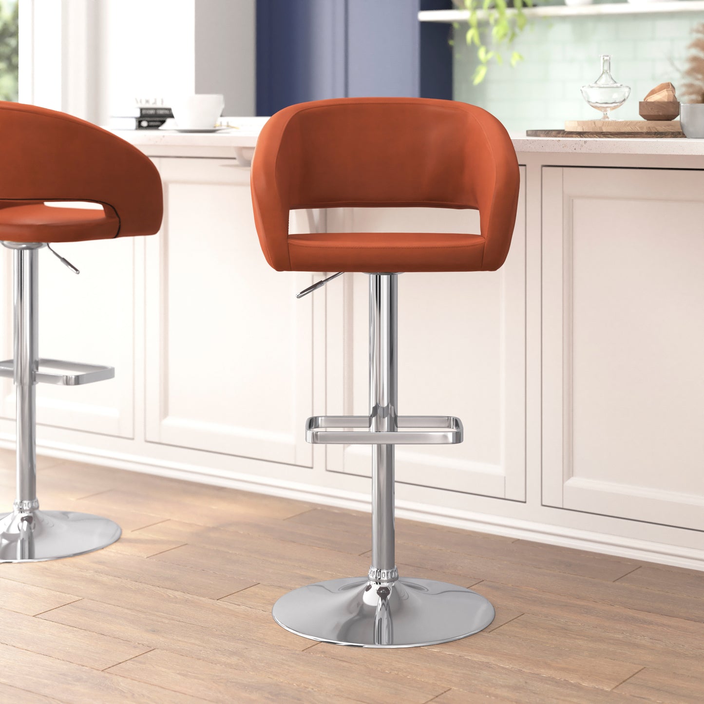 Erik Contemporary Cognac Vinyl Adjustable Height Barstool with Rounded Mid-Back and Chrome Base