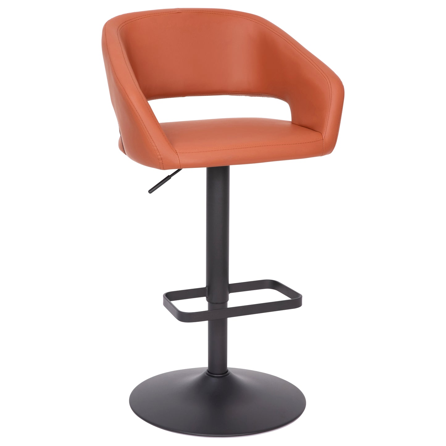 Erik Contemporary Cognac Vinyl Adjustable Height Barstool with Rounded Mid-Back and Black Base