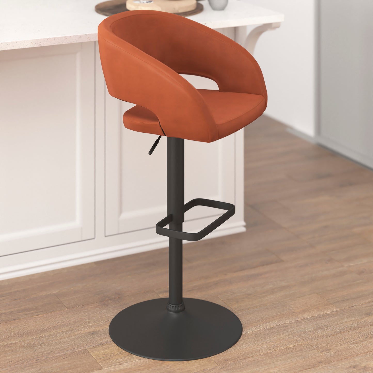 Erik Contemporary Cognac Vinyl Adjustable Height Barstool with Rounded Mid-Back and Black Base