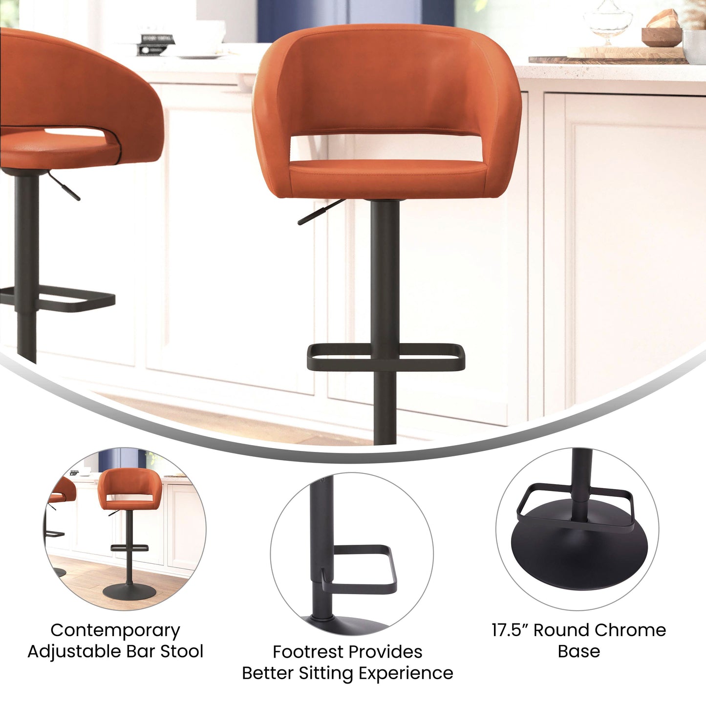 Erik Contemporary Cognac Vinyl Adjustable Height Barstool with Rounded Mid-Back and Black Base