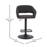 Erik Contemporary Charcoal Fabric Adjustable Height Barstool with Rounded Mid-Back and Black Base