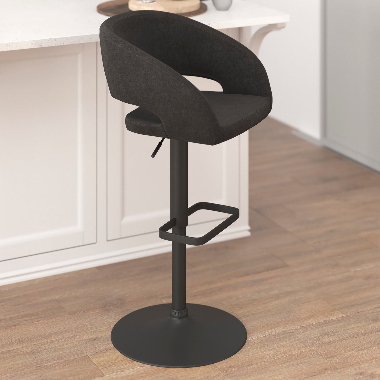 Erik Contemporary Charcoal Fabric Adjustable Height Barstool with Rounded Mid-Back and Black Base