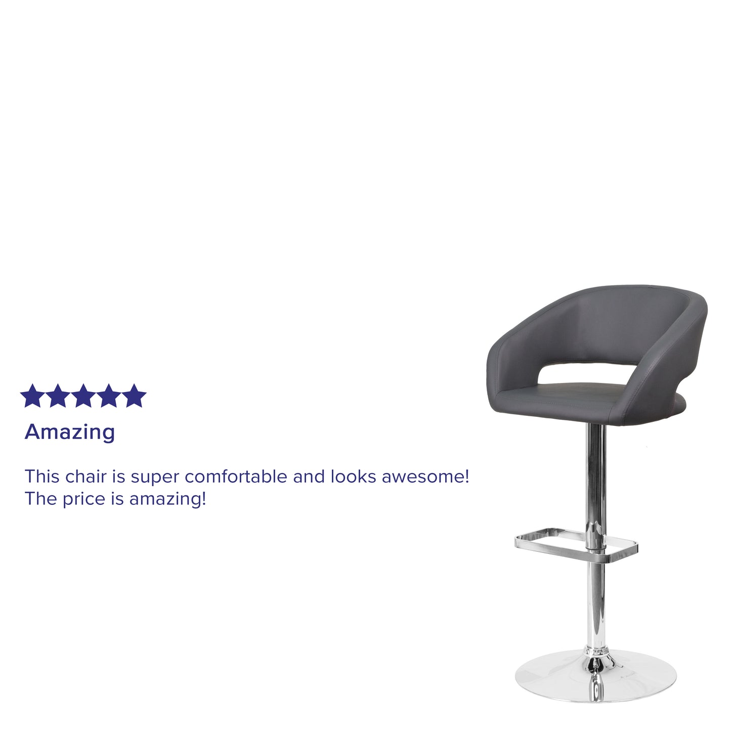 Erik Contemporary Gray Vinyl Adjustable Height Barstool with Rounded Mid-Back and Chrome Base