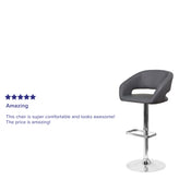 Erik Contemporary Gray Vinyl Adjustable Height Barstool with Rounded Mid-Back and Chrome Base