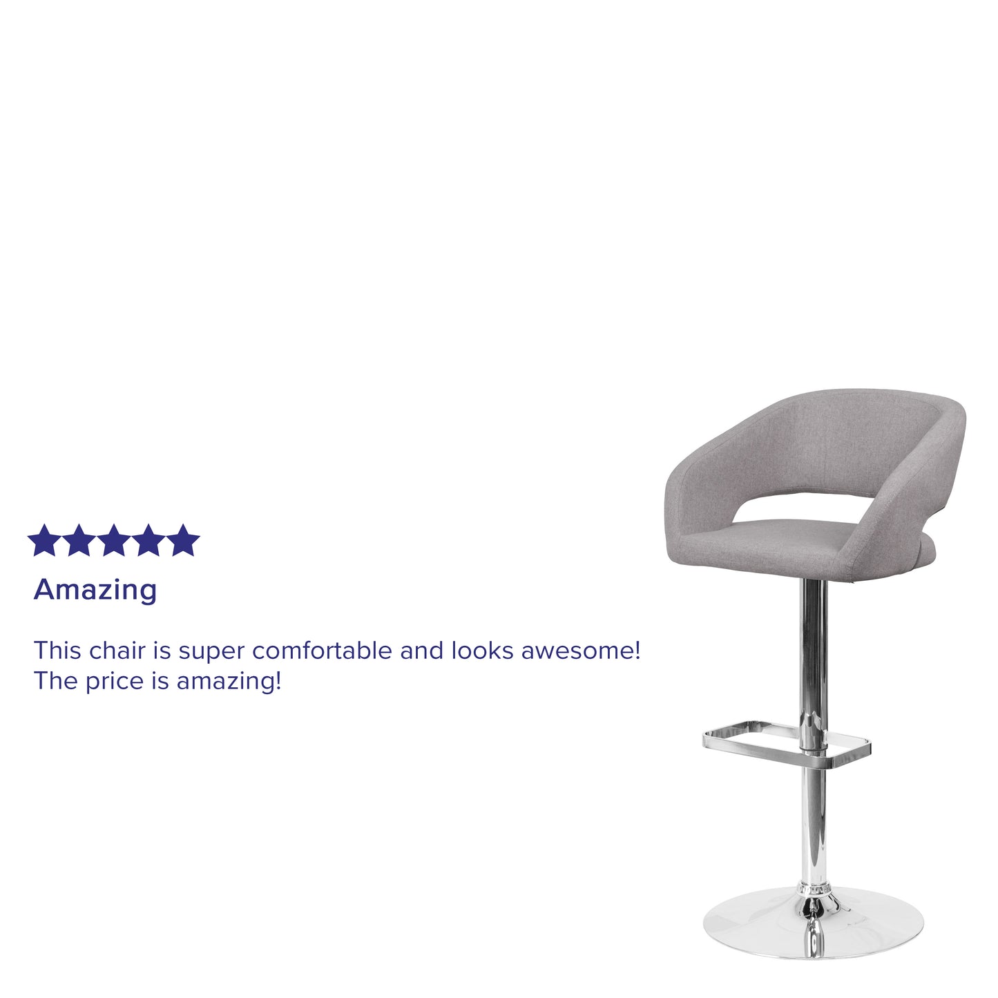 Erik Contemporary Gray Fabric Adjustable Height Barstool with Rounded Mid-Back and Chrome Base