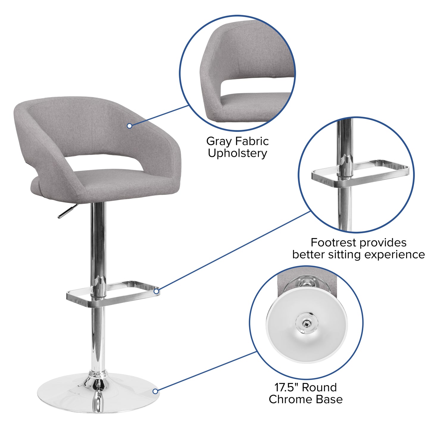 Erik Contemporary Gray Fabric Adjustable Height Barstool with Rounded Mid-Back and Chrome Base
