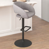 Erik Contemporary Gray Fabric Adjustable Height Barstool with Rounded Mid-Back and Black Base