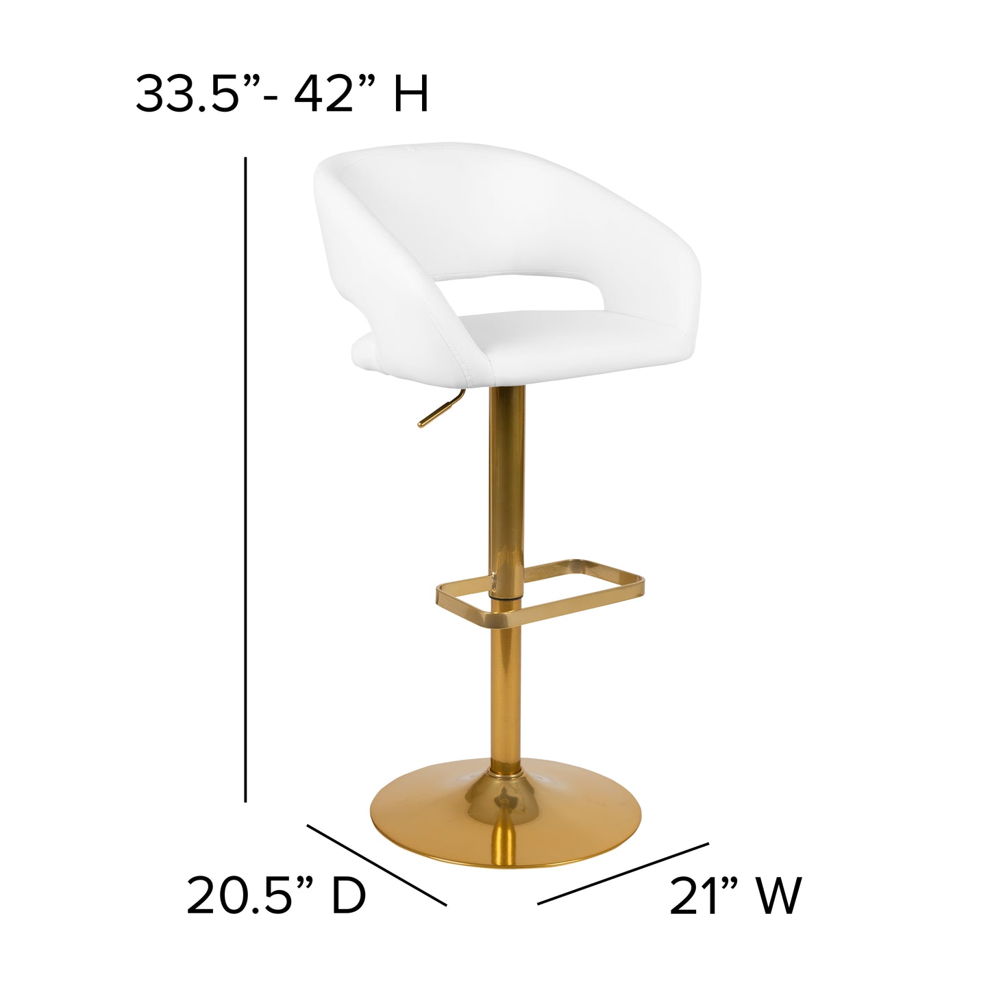 Erik Contemporary White Vinyl Adjustable Height Barstool with Rounded Mid-Back and Gold Base
