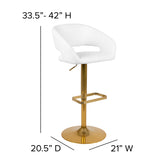 Erik Contemporary White Vinyl Adjustable Height Barstool with Rounded Mid-Back and Gold Base