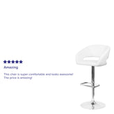 Erik Contemporary White Vinyl Adjustable Height Barstool with Rounded Mid-Back and Chrome Base