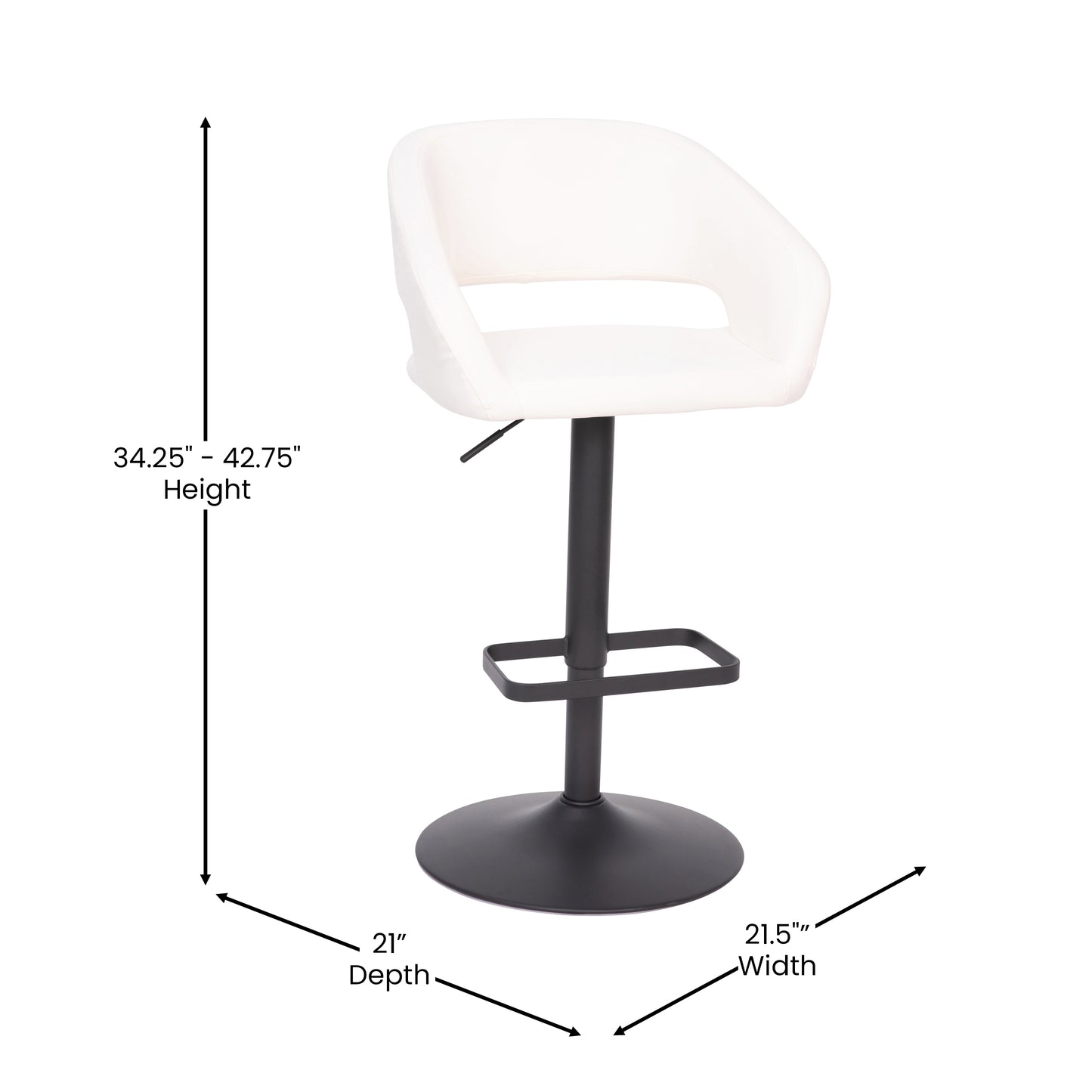 Erik Contemporary White Vinyl Adjustable Height Barstool with Rounded Mid-Back and Black Base