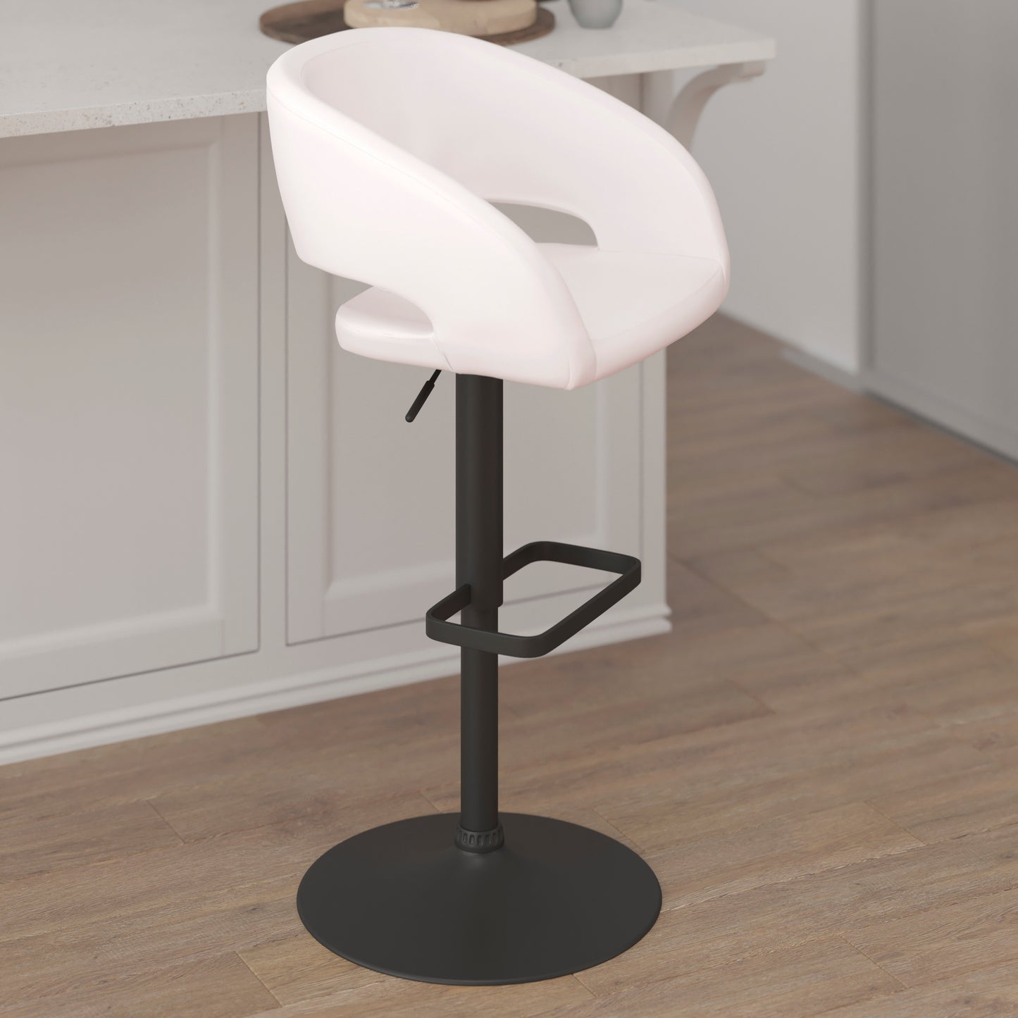 Erik Contemporary White Vinyl Adjustable Height Barstool with Rounded Mid-Back and Black Base