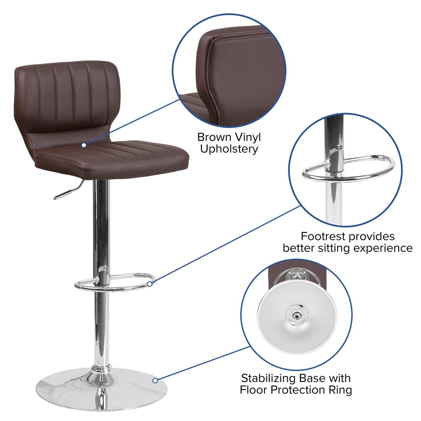 Jeremy Contemporary Brown Vinyl Adjustable Height Barstool with Vertical Stitch Back and Chrome Base