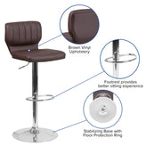 Jeremy Contemporary Brown Vinyl Adjustable Height Barstool with Vertical Stitch Back and Chrome Base