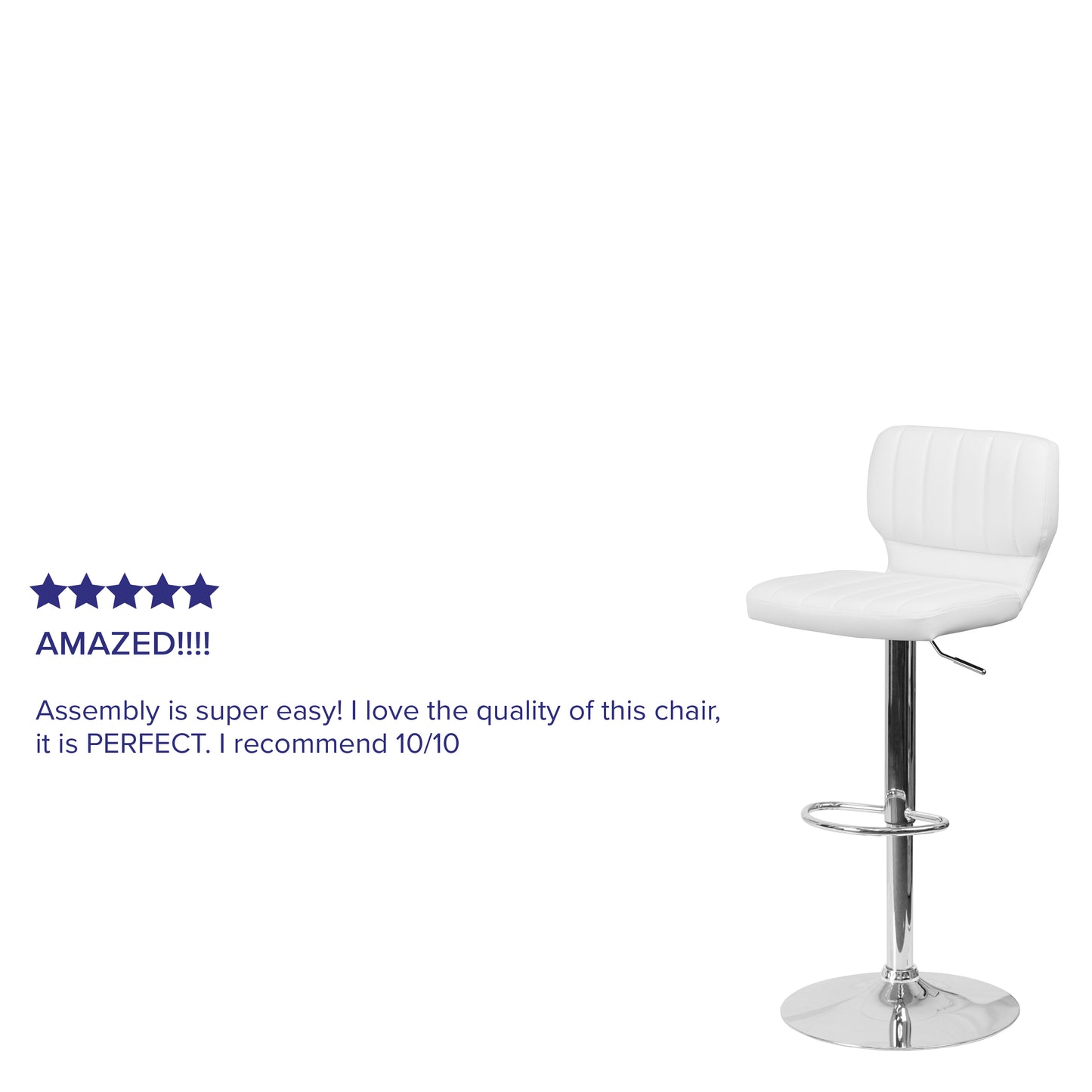 Jeremy Contemporary White Vinyl Adjustable Height Barstool with Vertical Stitch Back and Chrome Base