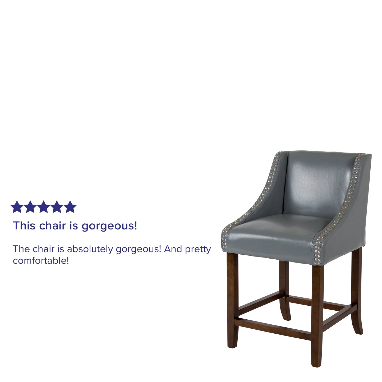 Carmel Series 24" High Transitional Walnut Counter Height Stool with Nail Trim in Light Gray LeatherSoft