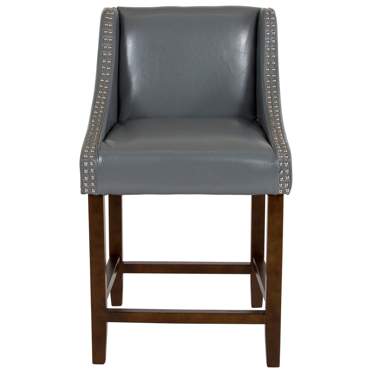 Carmel Series 24" High Transitional Walnut Counter Height Stool with Nail Trim in Light Gray LeatherSoft