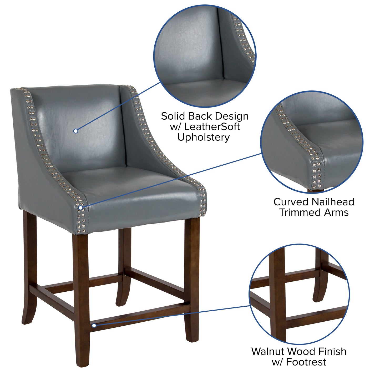 Carmel Series 24" High Transitional Walnut Counter Height Stool with Nail Trim in Light Gray LeatherSoft