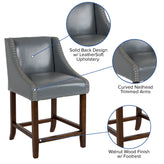 Carmel Series 24" High Transitional Walnut Counter Height Stool with Nail Trim in Light Gray LeatherSoft