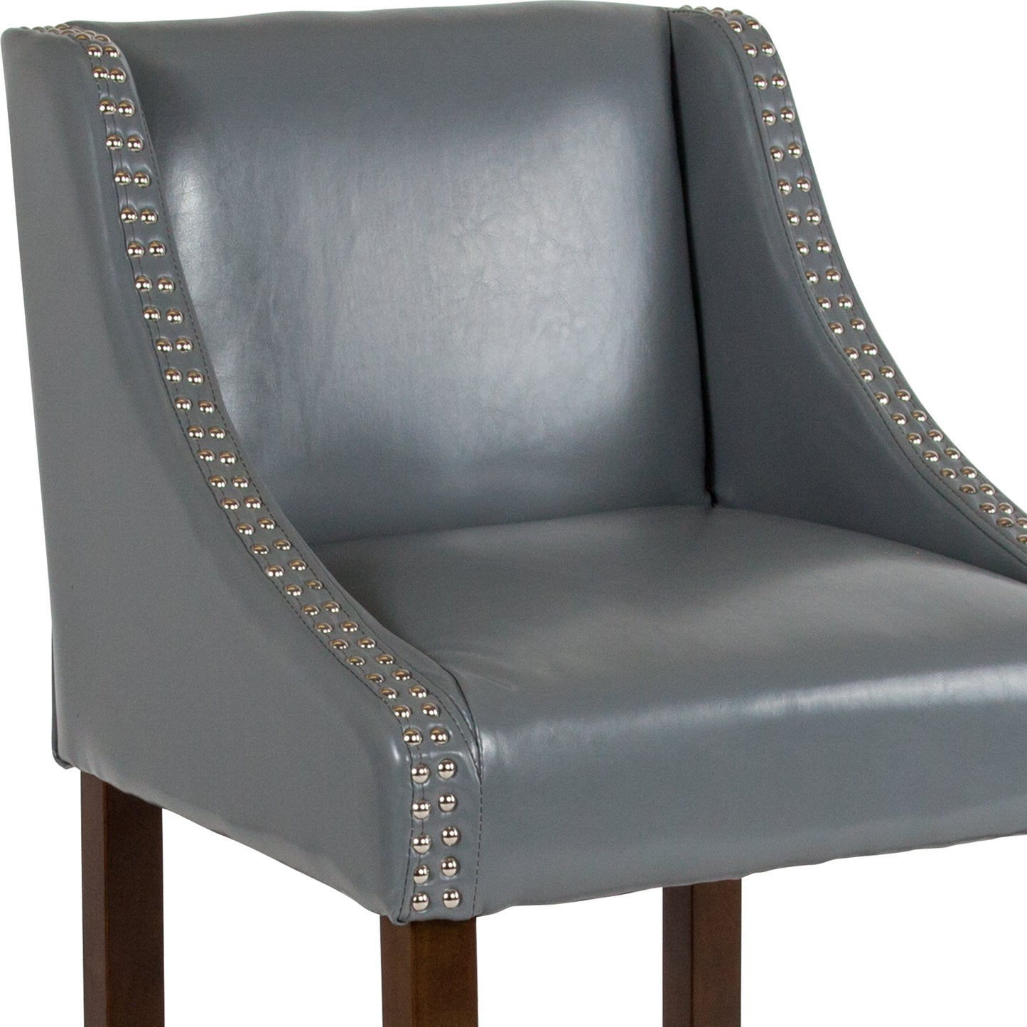 Carmel Series 24" High Transitional Walnut Counter Height Stool with Nail Trim in Light Gray LeatherSoft