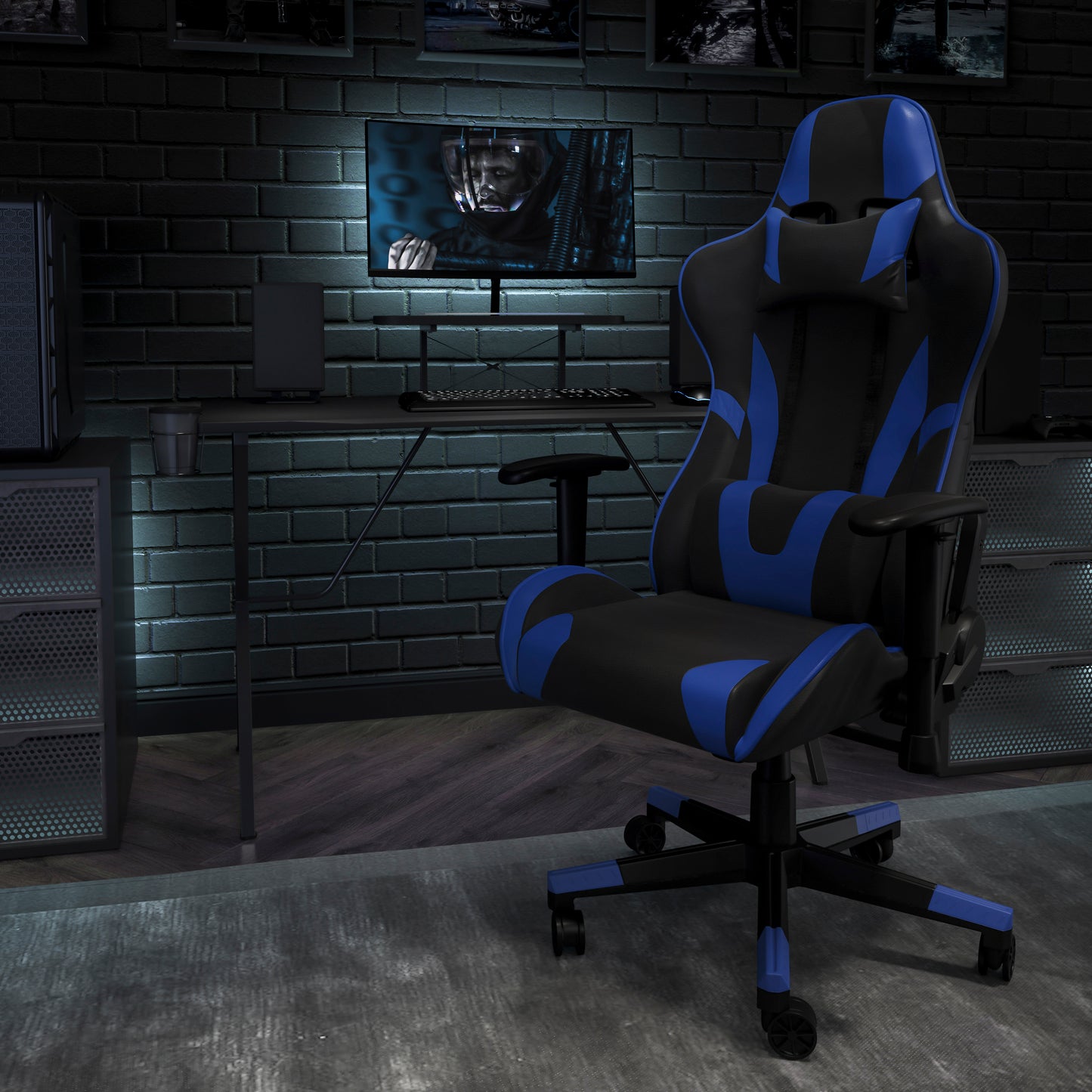 X20 Gaming Chair Racing Office Ergonomic Computer PC Adjustable Swivel Chair with Reclining Back in Blue LeatherSoft