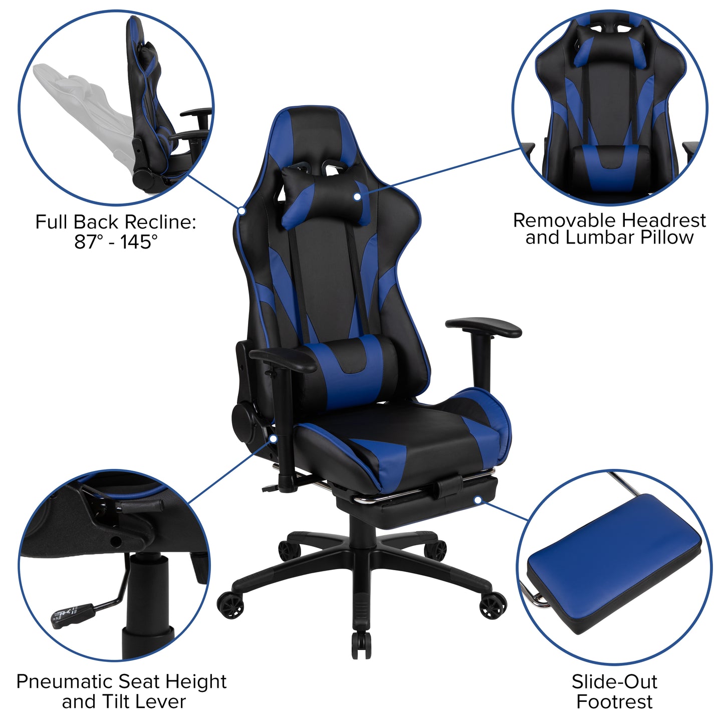 X30 Gaming Chair Racing Office Ergonomic Computer Chair with Reclining Back and Slide-Out Footrest in Blue LeatherSoft
