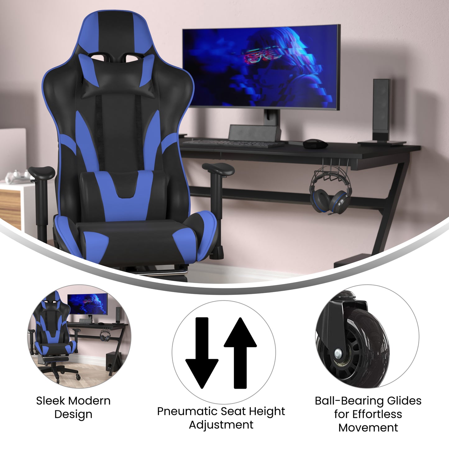X30 Gaming Chair Racing Computer Chair with Reclining Back, Slide-Out Footrest, and Transparent Roller Wheels in Blue LeatherSoft