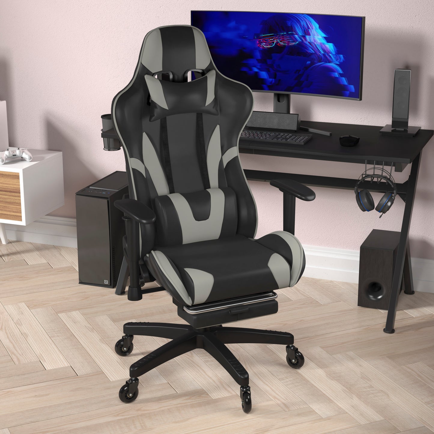 X30 Gaming Chair Racing Computer Chair with Reclining Back, Slide-Out Footrest, and Transparent Roller Wheels in Gray LeatherSoft
