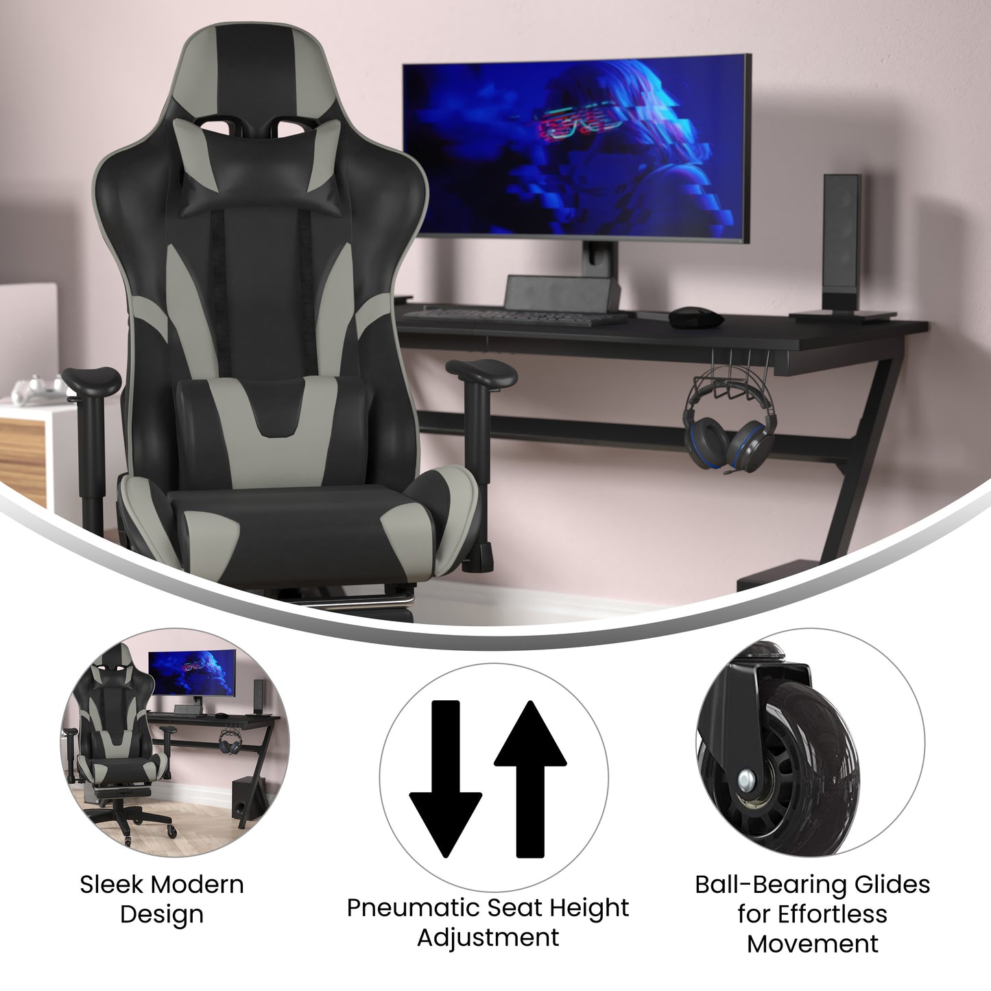 X30 Gaming Chair Racing Computer Chair with Reclining Back, Slide-Out Footrest, and Transparent Roller Wheels in Gray LeatherSoft