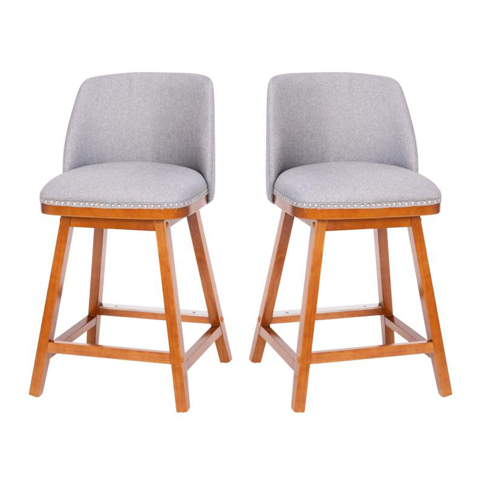 Julia Set of 2 Faux Linen Upholstered Bar Stools with Silver Nailhead Trim and Walnut Finish