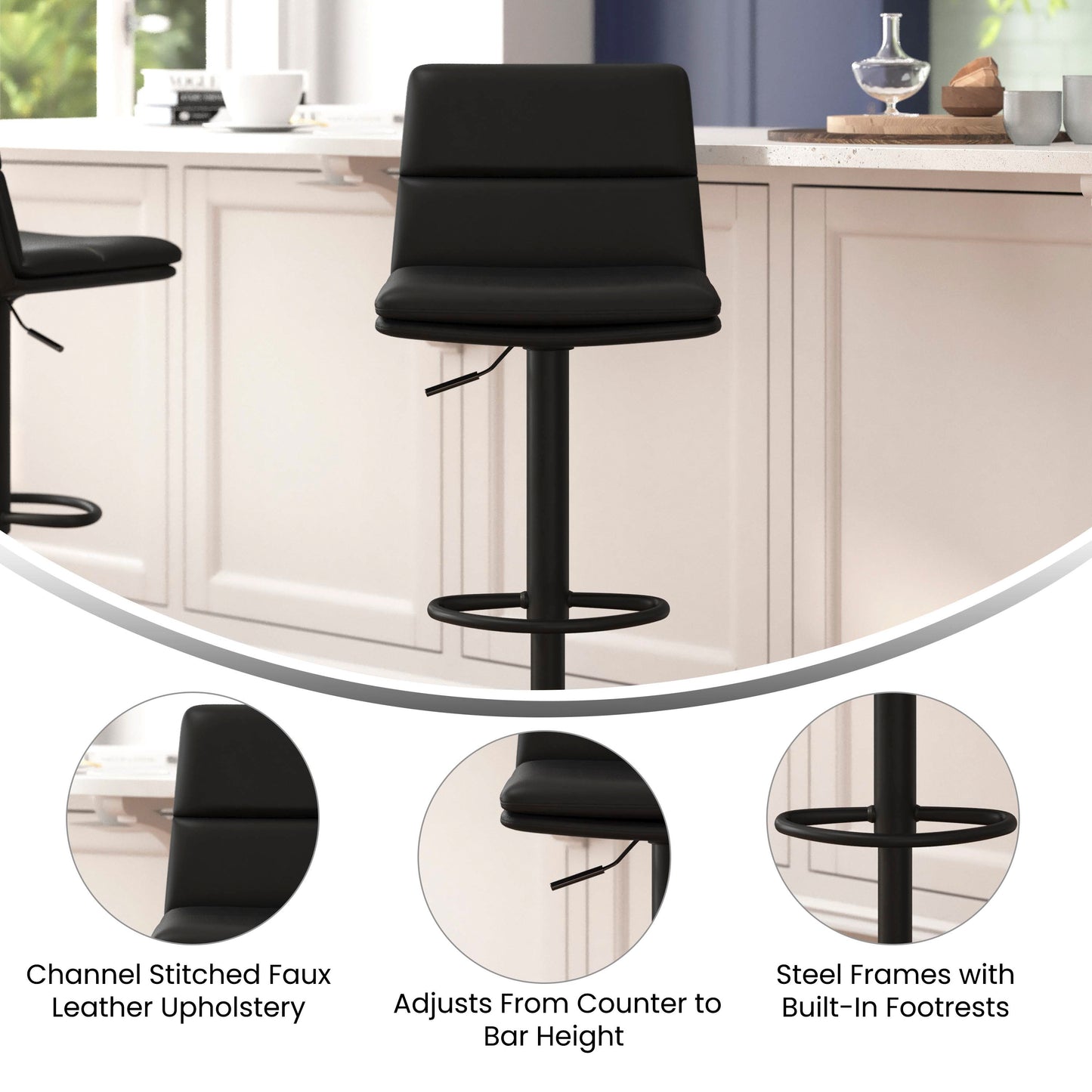 Hughes Commercial Grade Modern Mid-Back Adjustable Height LeatherSoft Channel Stitched Barstools, Set of 2, Black