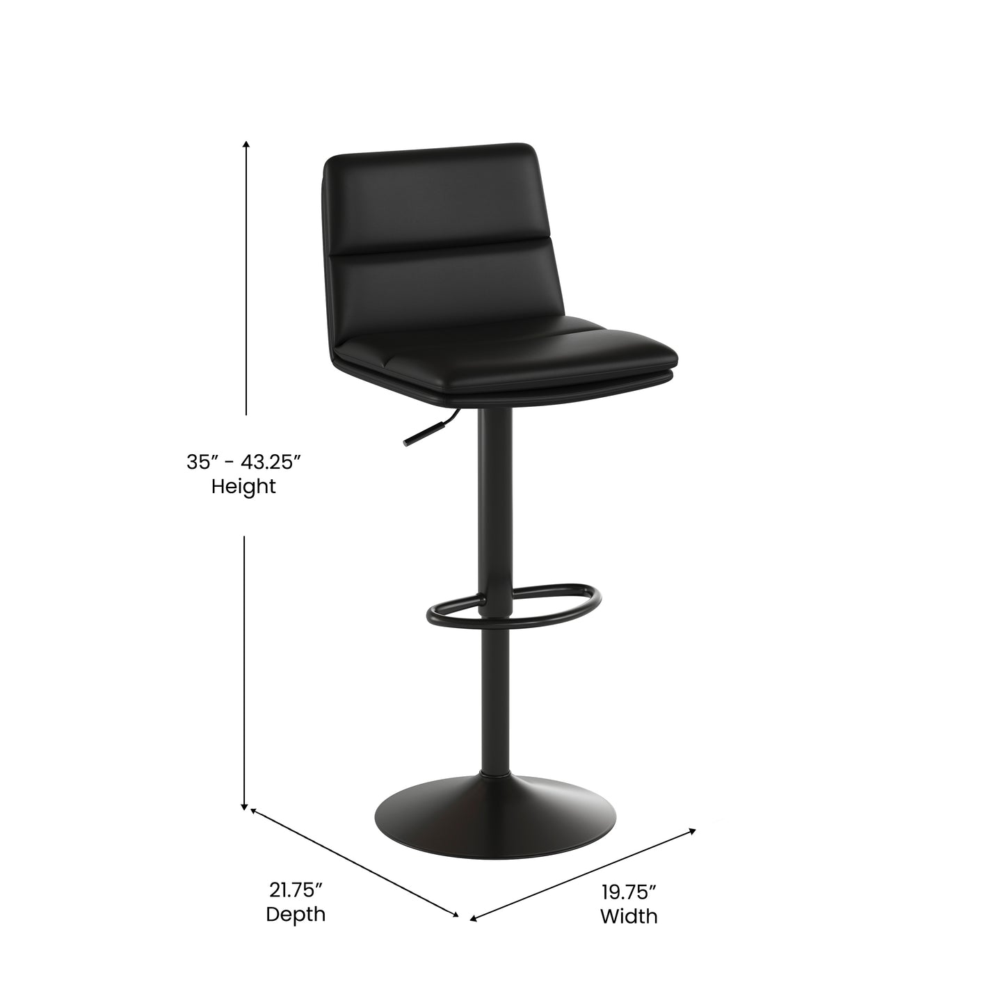 Hughes Commercial Grade Modern Mid-Back Adjustable Height LeatherSoft Channel Stitched Barstools, Set of 2, Black
