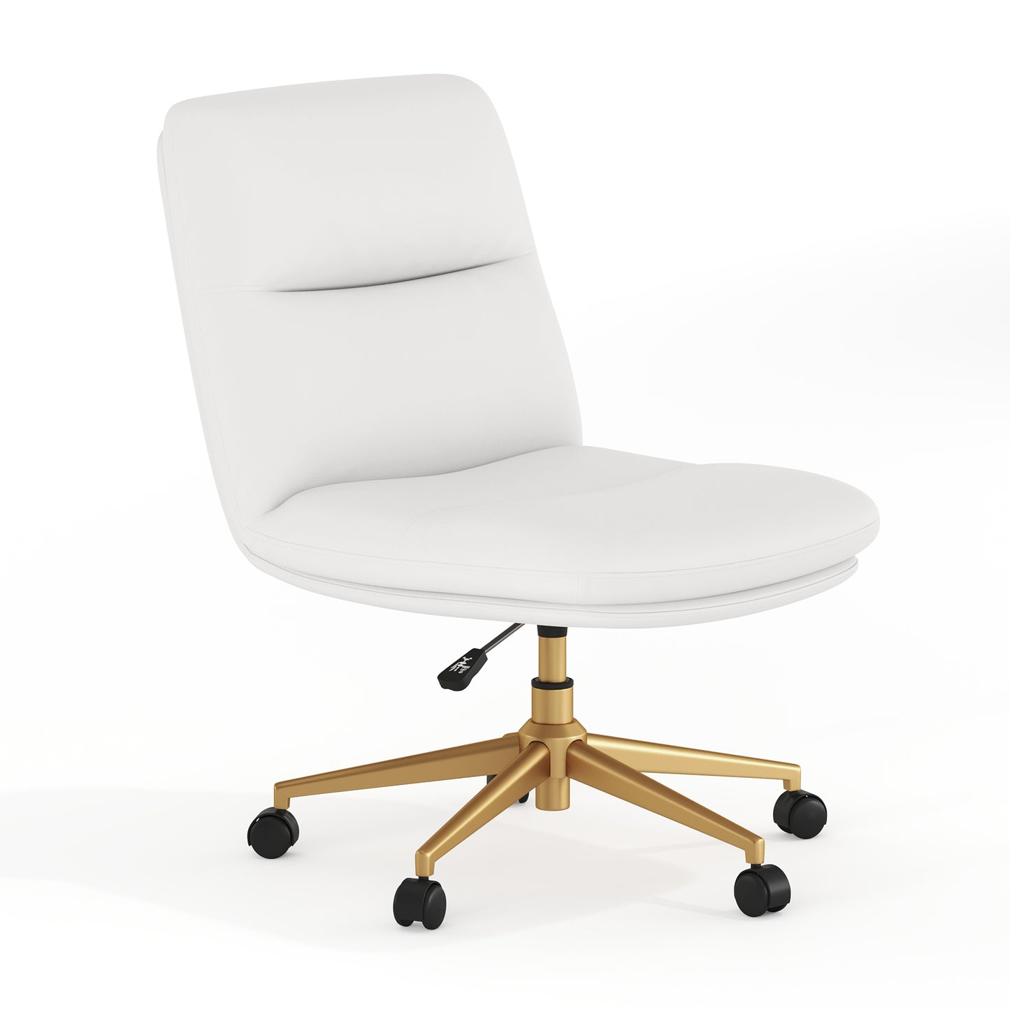 Chloe Commercial Mid-Back White Padded LeatherSoft Armless Task Office Chair with Wheels, Adjustable Height, Swivel Function, and Gold Frame