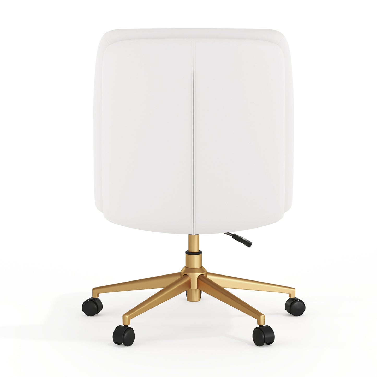 Chloe Commercial Mid-Back White Padded LeatherSoft Armless Task Office Chair with Wheels, Adjustable Height, Swivel Function, and Gold Frame