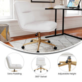 Chloe Commercial Mid-Back White Padded LeatherSoft Armless Task Office Chair with Wheels, Adjustable Height, Swivel Function, and Gold Frame