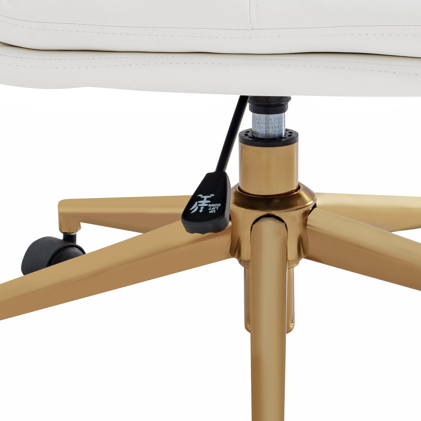 Chloe Commercial Mid-Back White Padded LeatherSoft Armless Task Office Chair with Wheels, Adjustable Height, Swivel Function, and Gold Frame