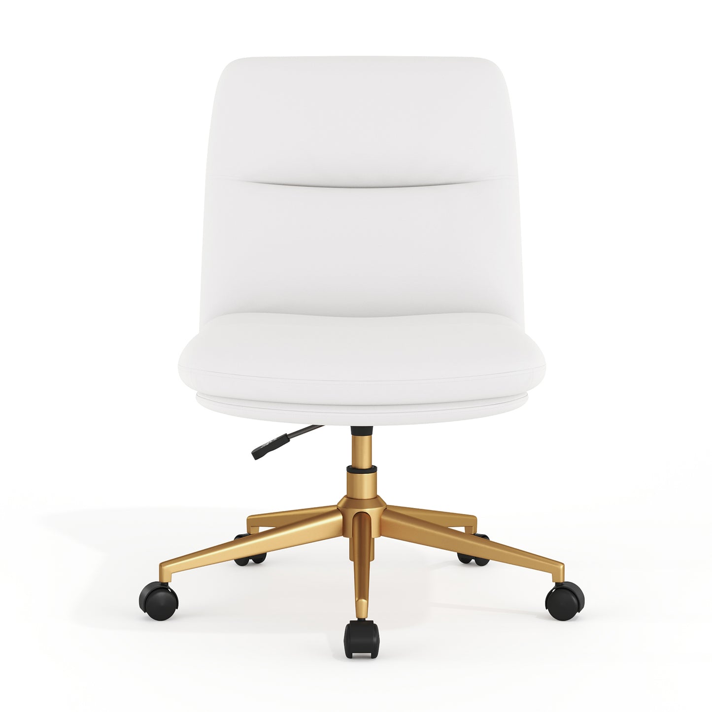 Chloe Commercial Mid-Back White Padded LeatherSoft Armless Task Office Chair with Wheels, Adjustable Height, Swivel Function, and Gold Frame