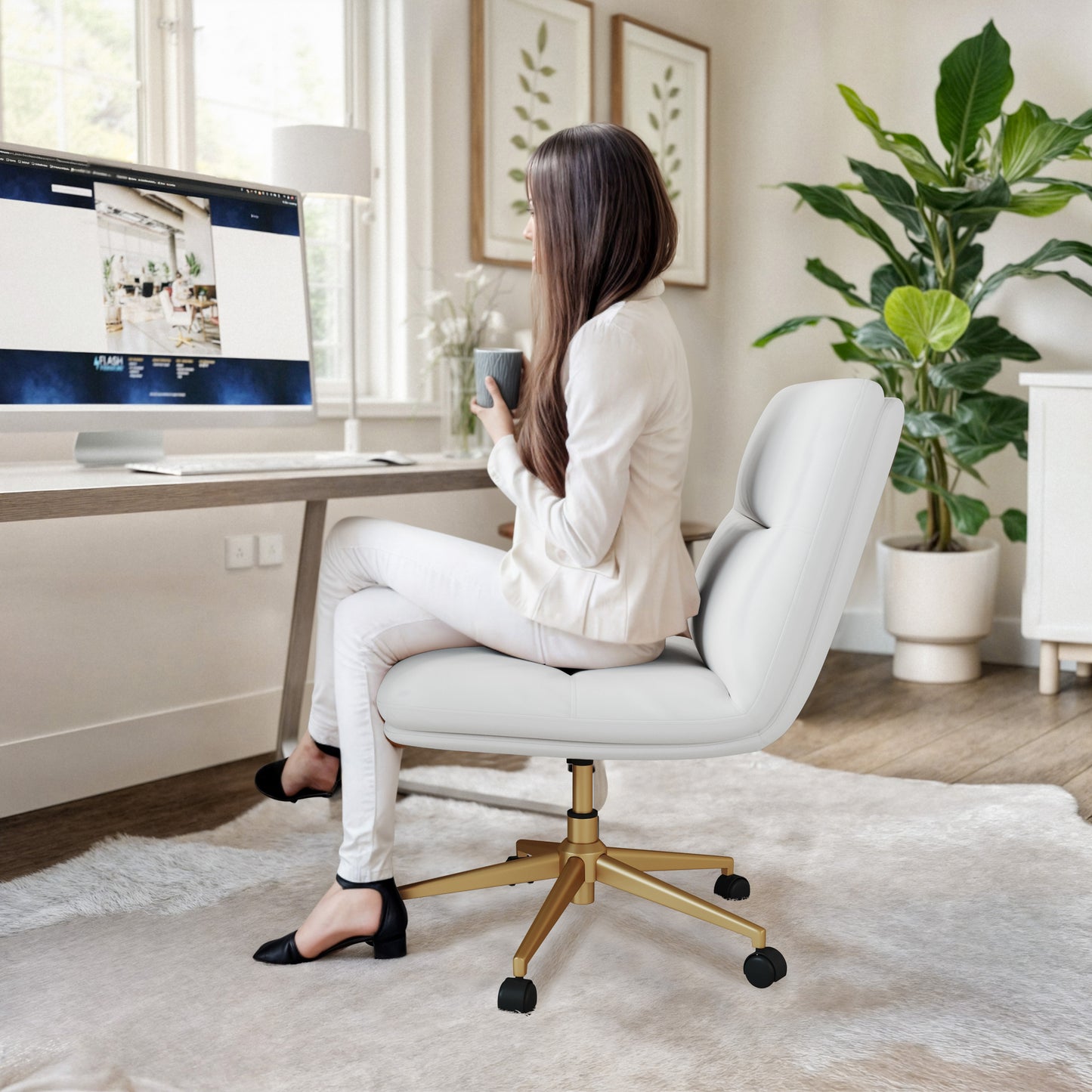 Chloe Commercial Mid-Back White Padded LeatherSoft Armless Task Office Chair with Wheels, Adjustable Height, Swivel Function, and Gold Frame