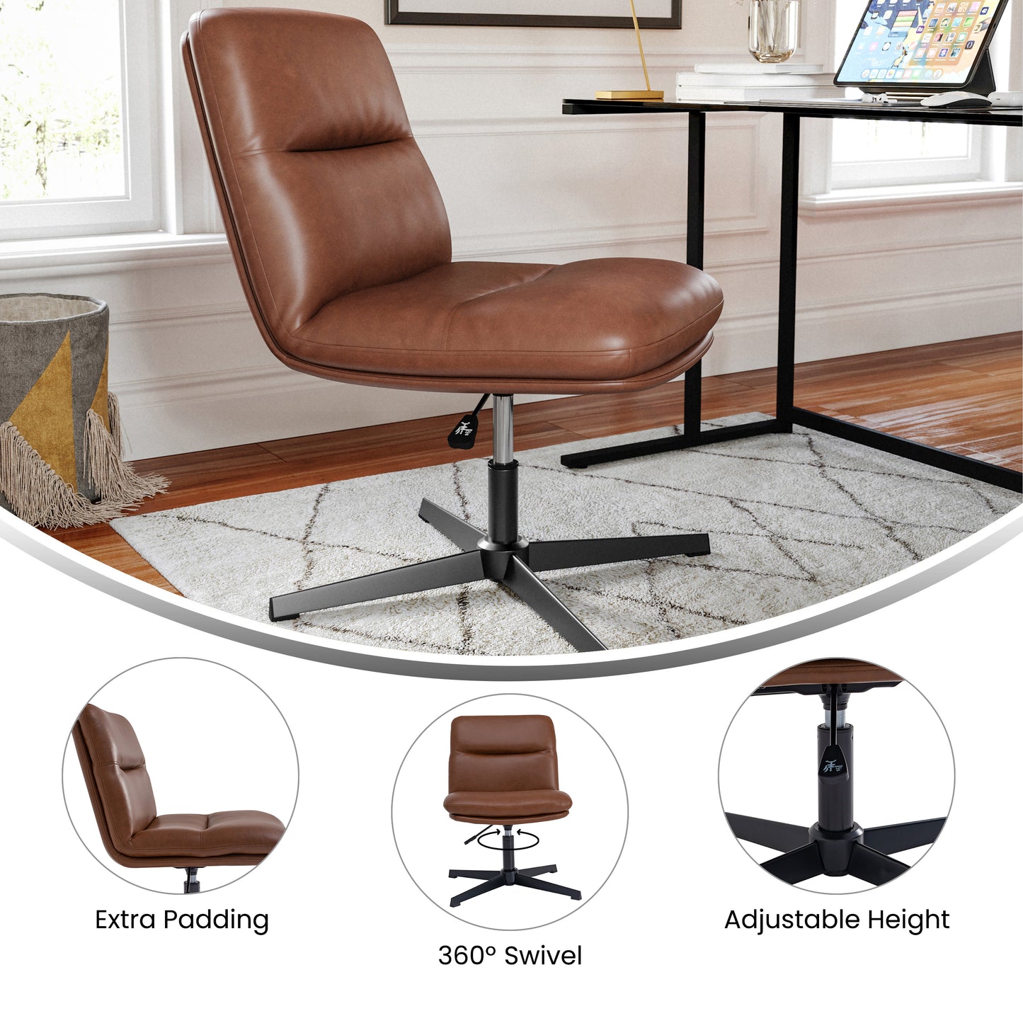 Chloe Commercial Mid-Back Cognac Padded LeatherSoft Armless Stationary Task Office Chair with Adjustable Height, Swivel Function, and Black Frame