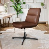 Chloe Commercial Mid-Back Cognac Padded LeatherSoft Armless Stationary Task Office Chair with Adjustable Height, Swivel Function, and Black Frame