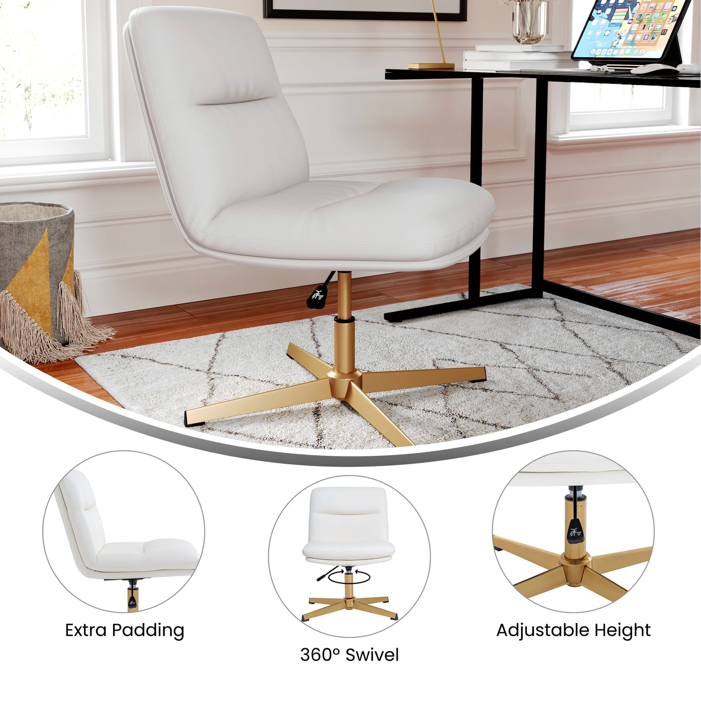 Chloe Commercial Mid-Back White Padded LeatherSoft Armless Stationary Task Office Chair with Adjustable Height, Swivel Function, and Gold Frame