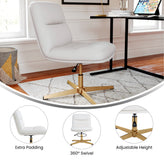Chloe Commercial Mid-Back White Padded LeatherSoft Armless Stationary Task Office Chair with Adjustable Height, Swivel Function, and Gold Frame