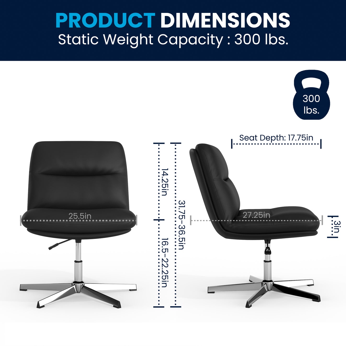 Chloe Commercial Wide Mid-Back Black Padded LeatherSoft Armless Stationary Task Office Chair with Adjustable Height, Swivel Function, and Chrome Frame