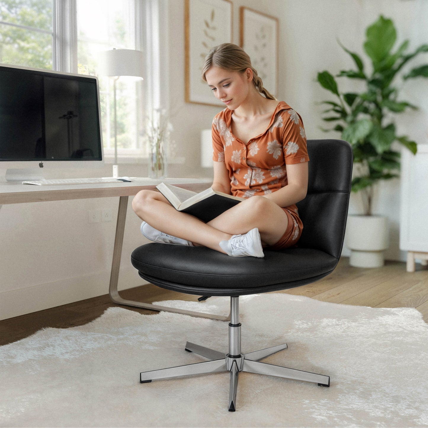 Chloe Commercial Wide Mid-Back Black Padded LeatherSoft Armless Stationary Task Office Chair with Adjustable Height, Swivel Function, and Chrome Frame