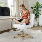 Chloe Commercial Wide Mid-Back White Padded LeatherSoft Armless Stationary Task Office Chair with Adjustable Height, Swivel Function, and Gold Frame