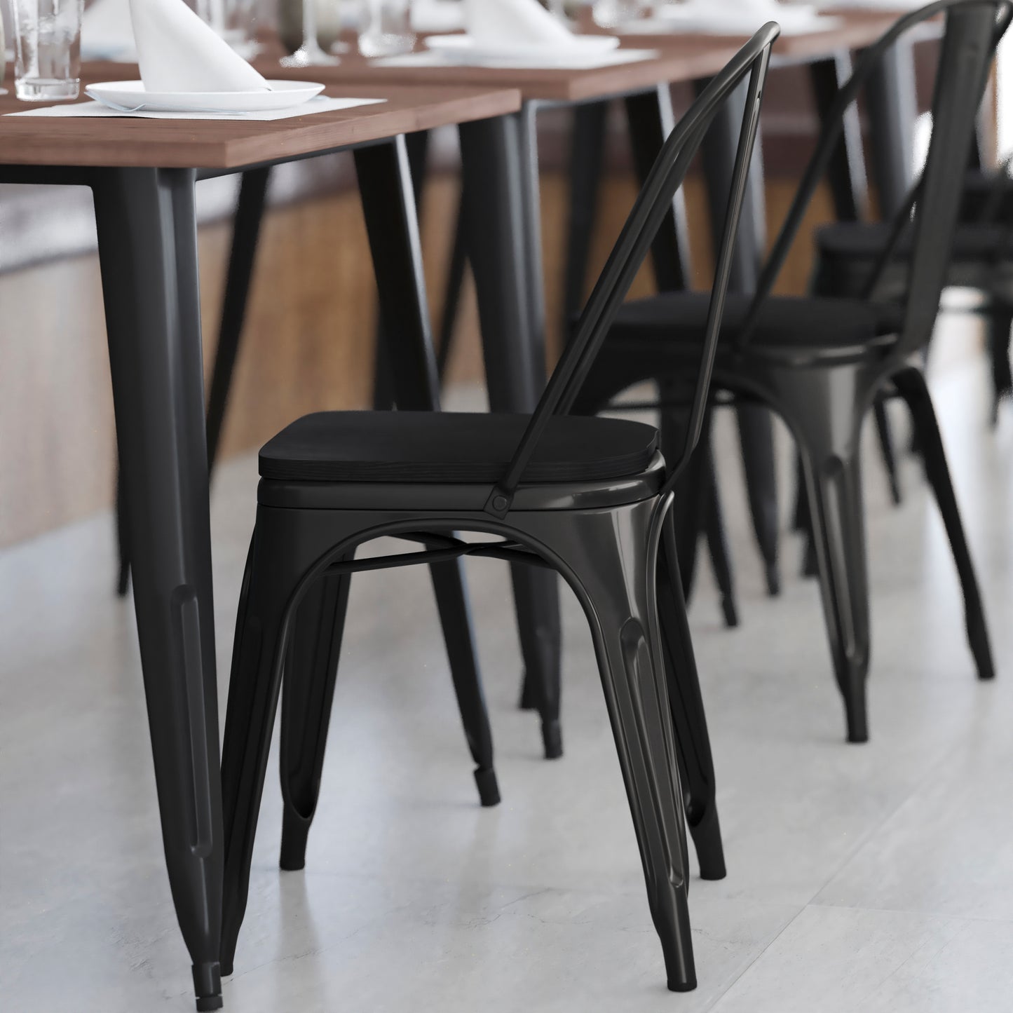 Perry Commercial Grade Black Metal Indoor-Outdoor Stackable Chair with Black Poly Resin Wood Seat